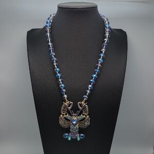 Bohemian Style Blue Lobster Pendant AB Faceted Glass Beaded Necklace Gold Tone